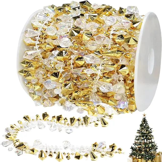 16ft Christmas Garland with Gold and Clear Iridescent Beads for Rustic Crystal Garland Ornaments and Home Decor Decoration