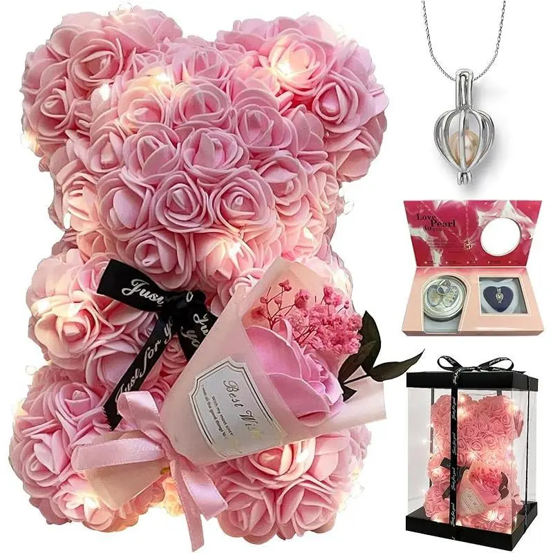 Artificial Rose Teddy Bear Set - Home Supplies, Party Bag Gift with Preserved Eternal Rose, Blind Box Pearl Necklace, Artificial/Eternal/Rose Bouquet Party Gifts for Females (Valentine’s Day Decor)