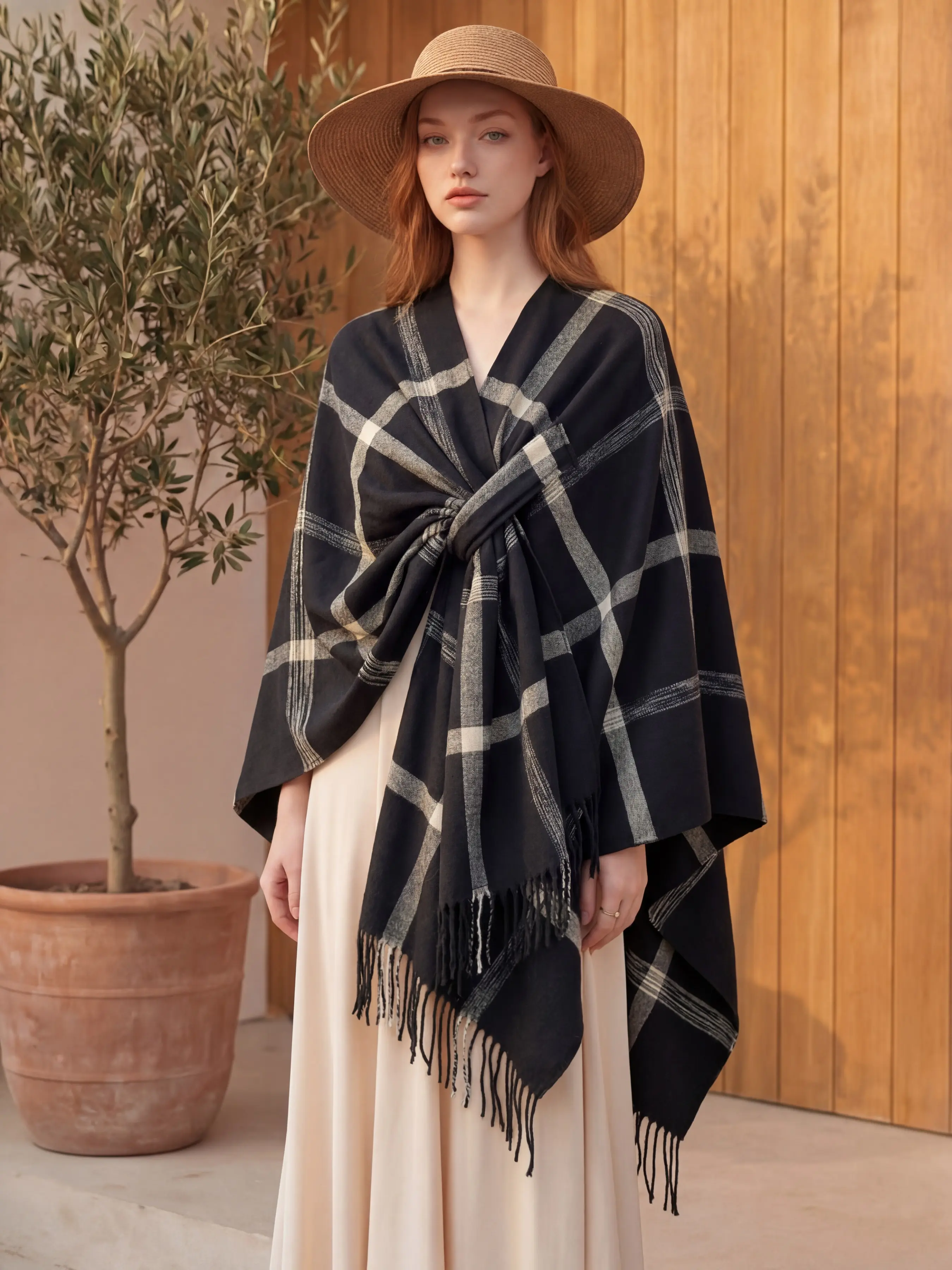 Women's Plaid Shawl Wrap with Fringe, Casual Loose-Fit Scarf for Fall & Winter, Versatile Outdoor Accessory, Fashion Essential