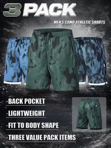 Zipper pocket? No, it's the back pocket! 3-piece set of men's sports shorts: Marble camouflage series (blue/green/black) casual sports shorts