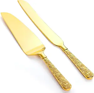 2Pcs Gold Cake Knife and Server Set, Wedding Cake Cutting Utensils, Vintage Engraved Cake Cutter and Serving Spatula for Birthday, Anniversary
