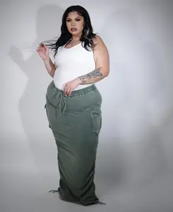 Mineral Wash Cargo Skirt - Lightweight Stretchy Casual Top with Adjustable Drawstring & 3D Pockets, Available in Multiple Colors and Sizes - Bottom