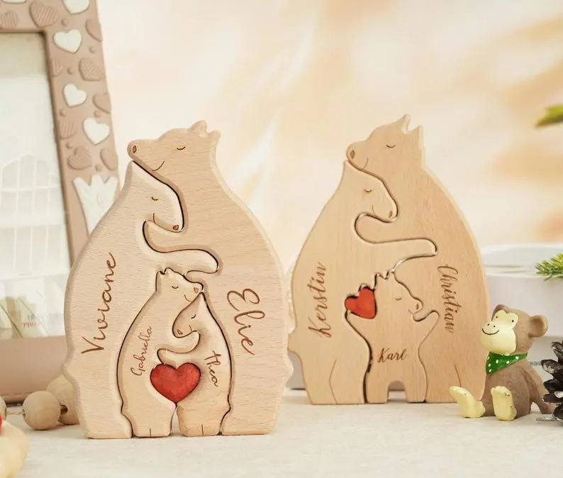 Personalized Wooden Bear Family Puzzle, Engraved Family Name Puzzle, Parents Baby Puzzle Name, Family Home Decor, Gift For Kids, Family Puzzle