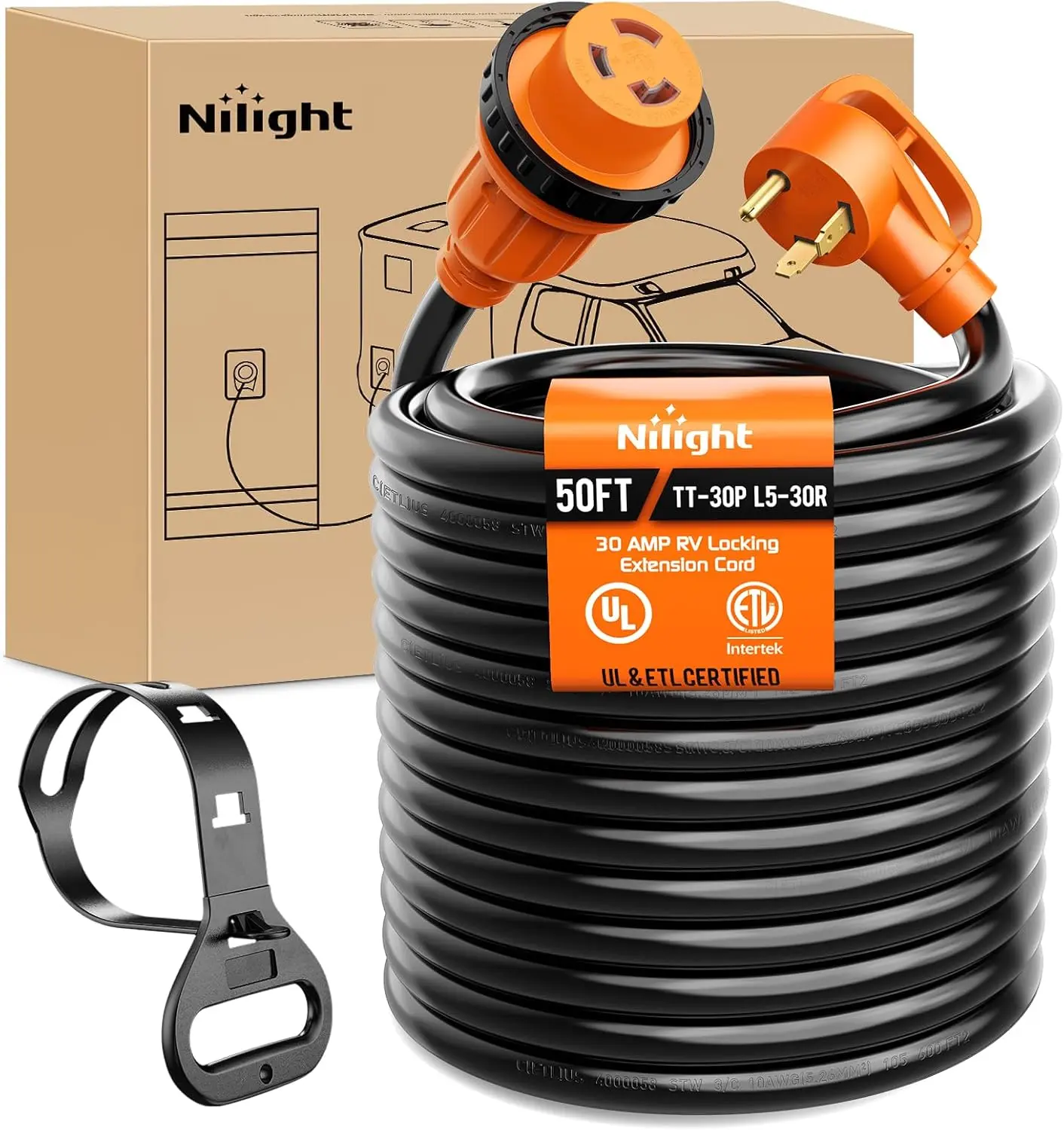Nilight 30A 50FT RV Locking Extension Cord - 125V Heavy-Duty 10-Gauge Pure Copper STW Wire, ETL Listed 3-Prong TT-30P L5-30R Weatherproof Outdoor Cable (3750W) for Camper, Garage, Backyard