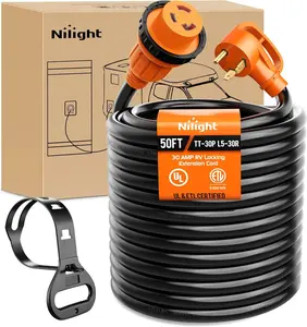 Nilight 30 Amp 50FT RV Locking Extension Cord 125V Heavy Duty 10 Gauge Pure Copper STW Wire ETL Listed 3 Prong TT-30P L5-30R 30F/30M Weatherproof Suit for Camper Trailer