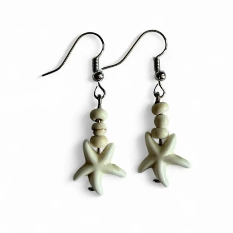 Handmade Minimalist Cream Starfish Dangle Earrings | Neutral Coastal Boho Jewelry