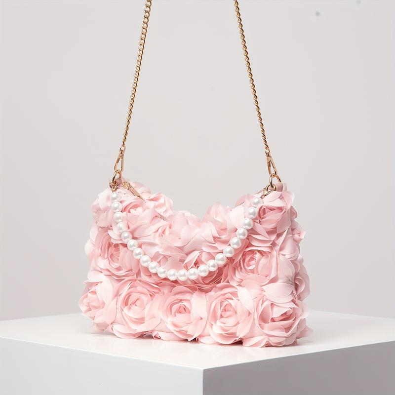 [Wedding Accessory] Elegant Rose-Embellished Crossbody Bag with Faux Pearl Accents - Sweet Pink Floral Evening Clutch, Ideal Valentine's Gift for Women, Polyester Lining, Zip Closure, Wedding Gifts
