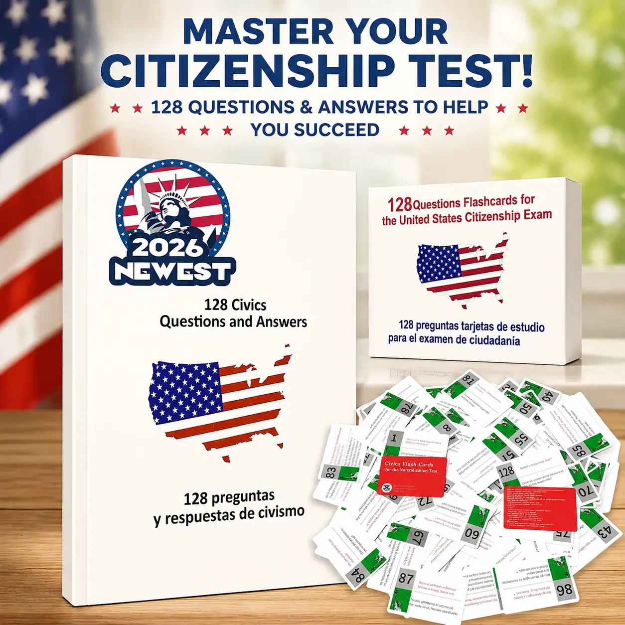 US Citizenship Learning Flashcards Set - 128 USCIS Civics Questions & Answers, Portable English Naturalization Test Prep, Colored Hard-Paper Cards, Bilingual Instruction Cards, Vocabulary Study Aid, Learning Flash Cards
