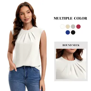 Funlingo Women's Minimalist Basic Drape Blouse - Lightweight Breathable Fabric Tops with Crew Neck, Short Cap Sleeves, Pleats - Everyday Fit Dressy Casual Work Shirt for Business Office, Outdoor Activities