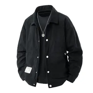 Men's Black Corduroy Jacket with Silver Button Accents & Included Pendant Necklace Vintage Lapel Style with Logo Patches for Casual Streetwear Medium Size