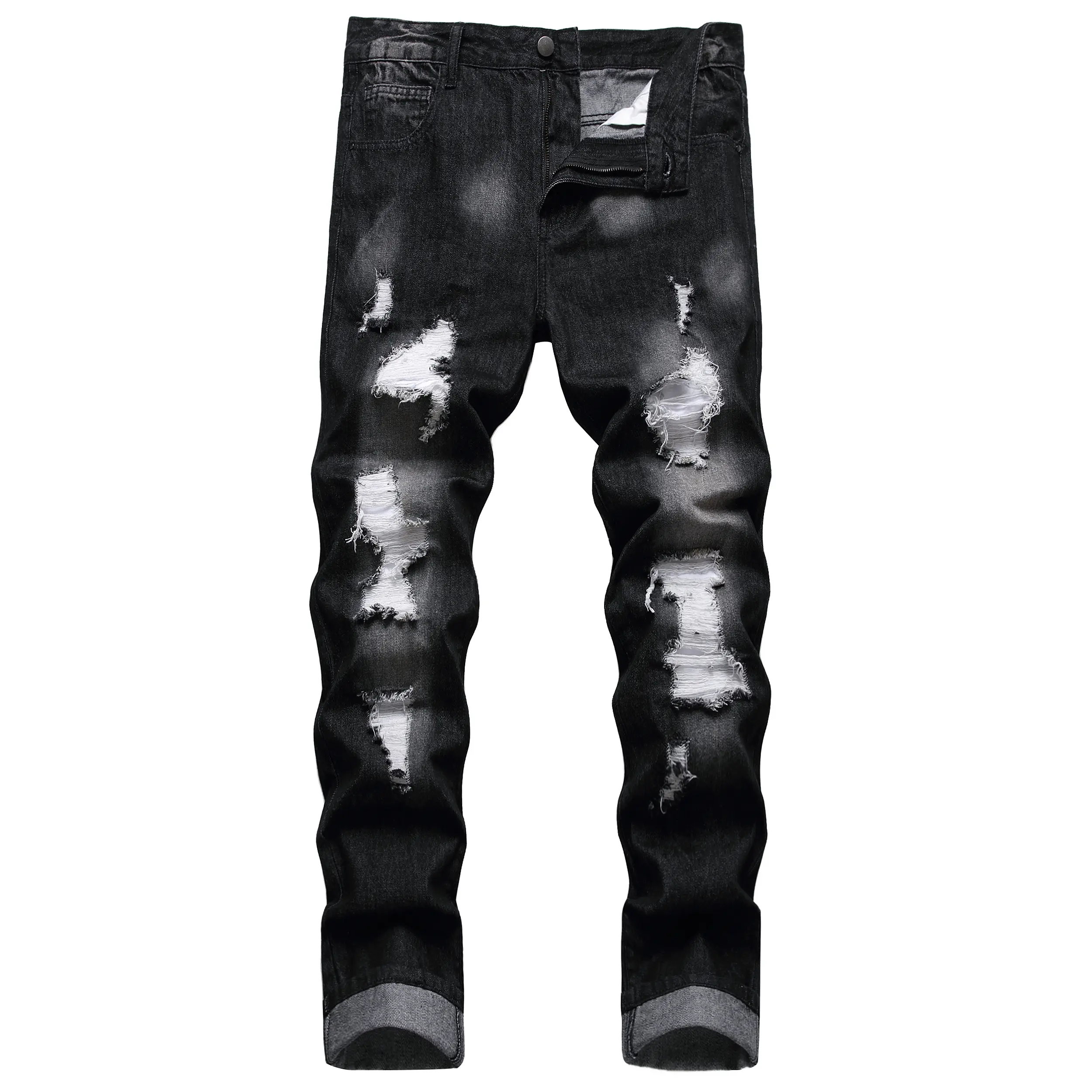 Men's Ripped Streetwear Jeans, Slim Fit Straight Leg Denim Pants with Holes, Casual Menswear with a 5-Pocket Design, Tops