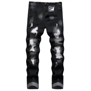 Men Ripped Jeans, Slim Fit Straight Leg, Denim Pants With Holes