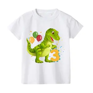 T-rex Dinosaur Birthday T-Shirt ANY AGE White Top Dino Trex Party Tops Cute Dino Boy Girls Birthday Shirts Outfit cotton fabric print short sleeve t-shirt  kid cute clothes