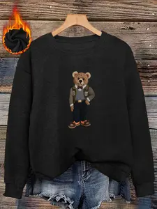 Elegant Bear Print Faux Fur Round Neck Top, Soft Plush Vintage Atmosphere, Loose Casual Fashion, Fall & Winter Wear