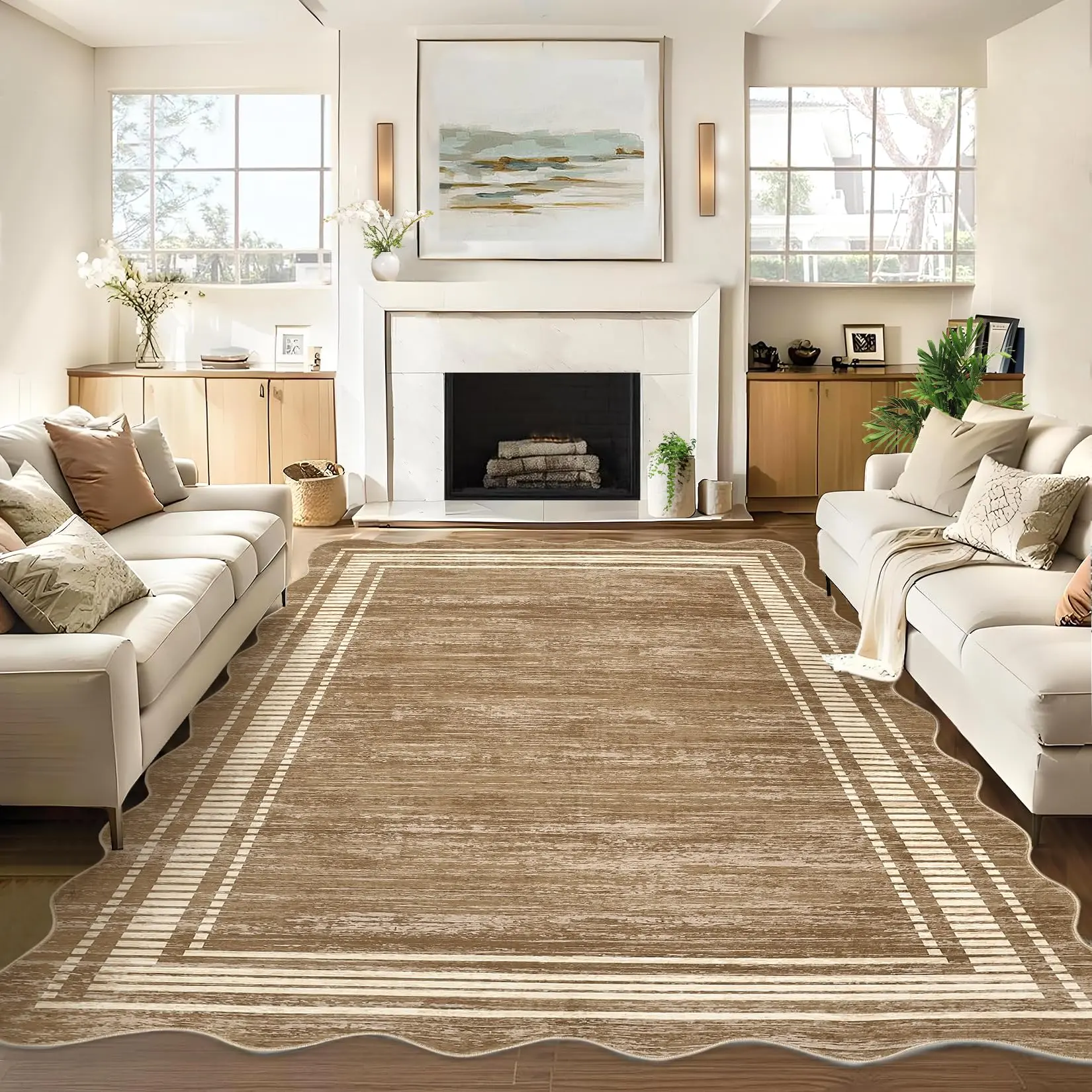 Garvee Living Room Area Rug 10x13 Modern Area Rug Scalloped Solid Indoor Carpet Low Pile Stain Resistant Throw Carpet Non Slip Non Shedding for Bedroom Playroom Dining Room
