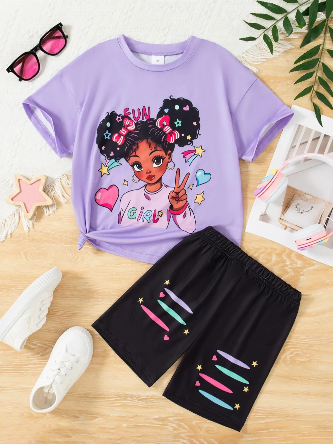 Two-Piece Set Girl's Cartoon Figure Print Tee & Elastic Waist Shorts Set, Casual Short Sleeve T-shirt & Shorts, Summer Clothes for Kids