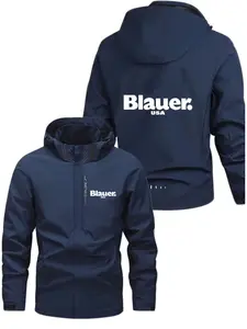 Men's Fashionable Biauer Logo Jacket, Casual Hooded Design, Zipper Pockets, Polyester Material, Spring & Fall Wear, Loose-Fitting