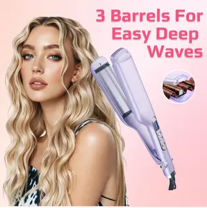 Curling Iron Beachy Waver, Hair Crimpers with 3 Barrel, Ceramic Curling Wand Adjustable Temperature Easy Waves, Dual Voltage, Deep Waver, Ceramic Glaze, Negative Ions, Fast Heating, Anti-Scald Tip, Safety Stand, Big S , Volumizing, Boho Styles, loose wave