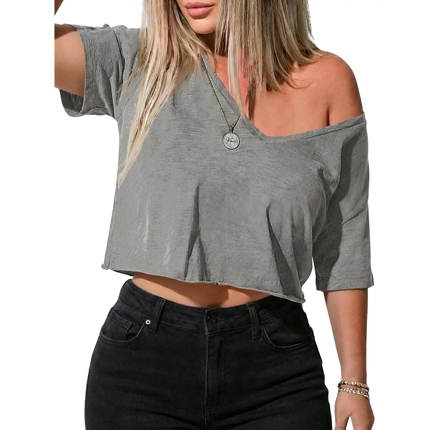 TANKANEO Women's Chic Cropped Boxy Top - Off Shoulder Deep V-Neck Casual Tee, Soft Stretchy Breathable Comfortable Fabric for Everyday Sporty Wear, 1-Piece, Style,clothes for back to school,first day of school outfits