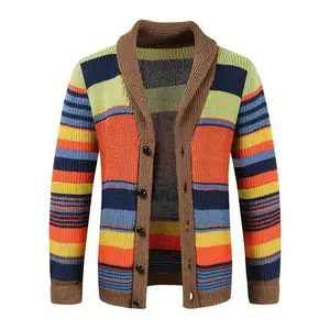 Men��s Colorful Striped Cardigan Sweater, Casual Button-Up Knit Jacket with Stand Collar, Machine Washable, Vibrant Design   Knife Fabric