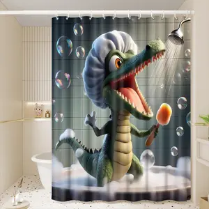 1pc Cute Green Crocodile Bubble Bath Printed Shower Curtains with Plastic Hooks Shower Curtain for Bathtub Bathroom,Suitable for Home and Hotel Machine Washable Bathroom Decor as Fun Holiday Gifts for Family & Friends