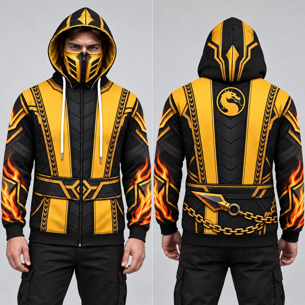 M0rt@l K0mb@t Scorpion Men’s Zip-Up Hoodie, Yellow Black Ninja Armor & Flame Print Hooded Sweatshirt, Cosplay Gamer Gift