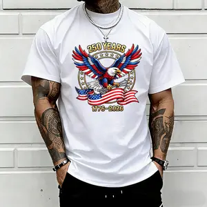 Men’s “250 Years of America” 1776–2026 patriotic T-shirt featuring a bold eagle and American flag graphic; casual short-sleeve shirt, perfect for the Fourth of July/Independence Day, patriotic events, everyday wear, and streetwear.
