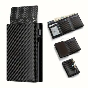 Men’s Carbon Fiber Wallet with Zipper Coin Purse | Automatic Pop-Up Metal Credit Card Holder, RFID Blocking Minimalist Business Wallet - Sleek Durable Design with ID Window & Cash Compartment, Perfect for Work, Travel & Everyday Carry