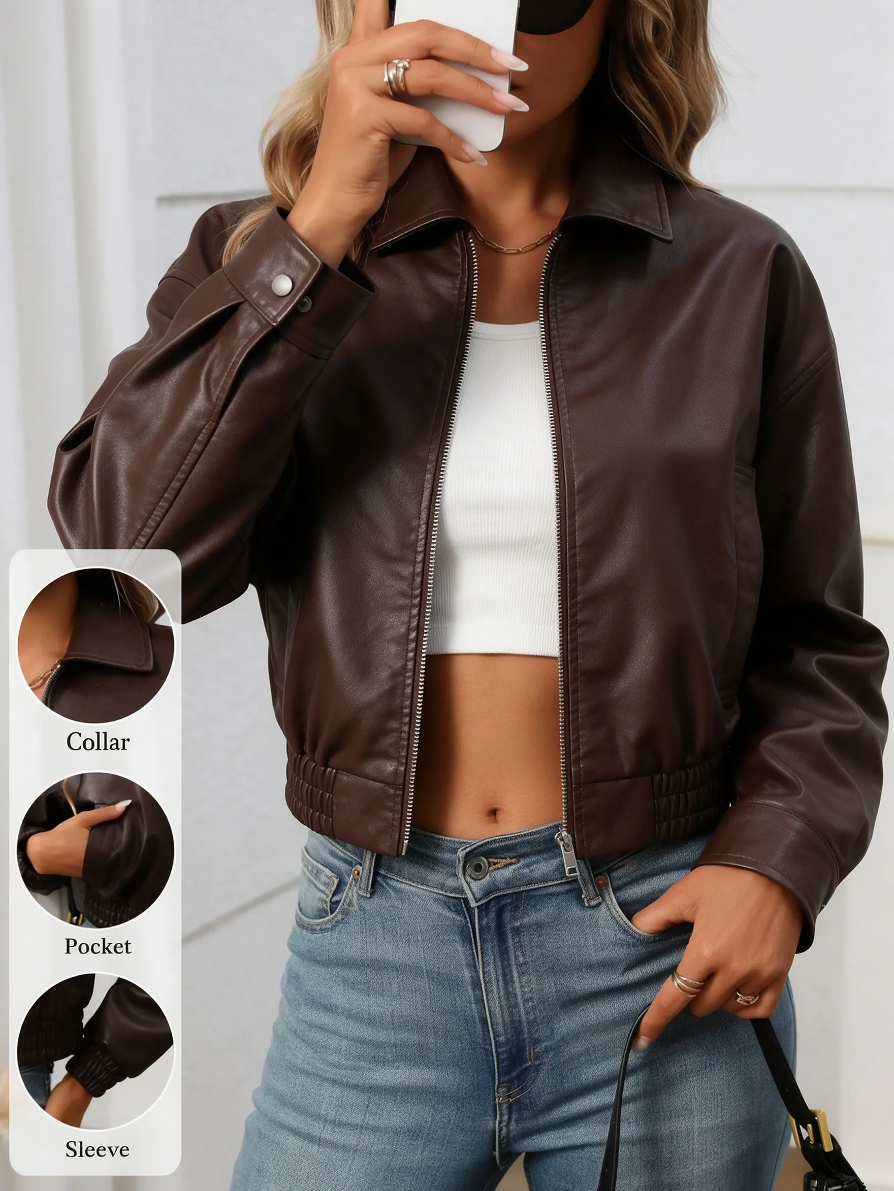 Women’s short casual jacket, lightweight outerwear with a turn-down collar, front zip closure, elasticated hem, buttoned cuffs—versatile for spring, autumn, and winter, suitable for outings, casual walks, street photography, and more.
