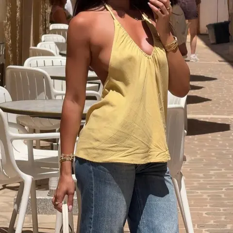 French Vintage Light Halter Backless Solid Loose Sleeveless Top, Tie Design Sexy Girl Pure Desire Style, Summer Vacation Sexy Tank Top, Casual Fashion Sleeveless, Yellow