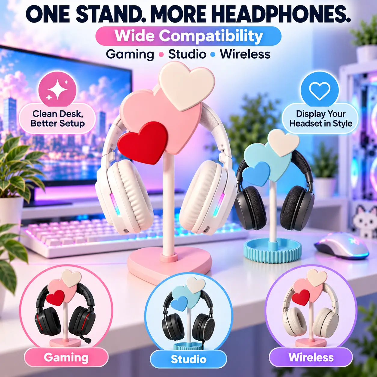 Cute Stacked Heart Headphone Stand, 3D-Printed Headset Holder, Kawaii Aesthetic Desk Decor, Gaming Room Accessory, Over-Ear Headphone Stand for Gamer Girls
