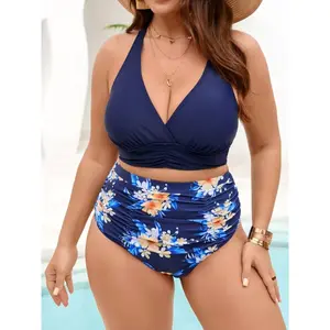 2026 Plus Size Halter V Neck Underwire Bikini Set Floral High Waisted Bottom Swimsuit Female Two-Piece Swimwear Backless Bathing Summer Fashion Beachwear