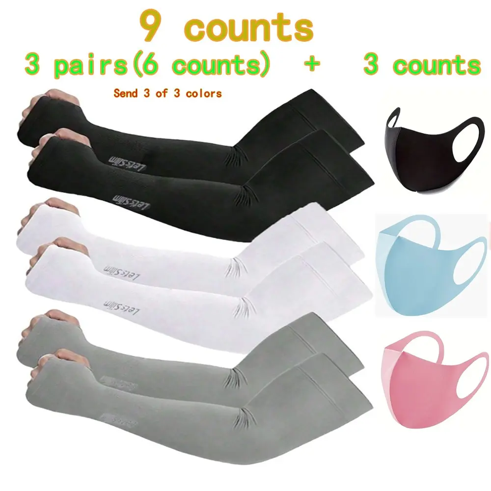 A set of three ice-silk face masks paired with sun-protection ice sleeves, a unisex compressive arm sleeve set, women’s athlete UV protection sleeve, suitable for sports and school activities with sun protection.