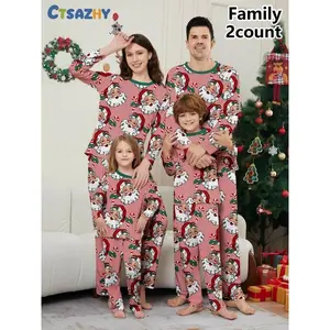 Family Christmas Pajamas Set, Santa Claus Striped Print, Casual Fall Winter Home Wear, Long Sleeve Fitted Sleepwear, 2 Piece Kit