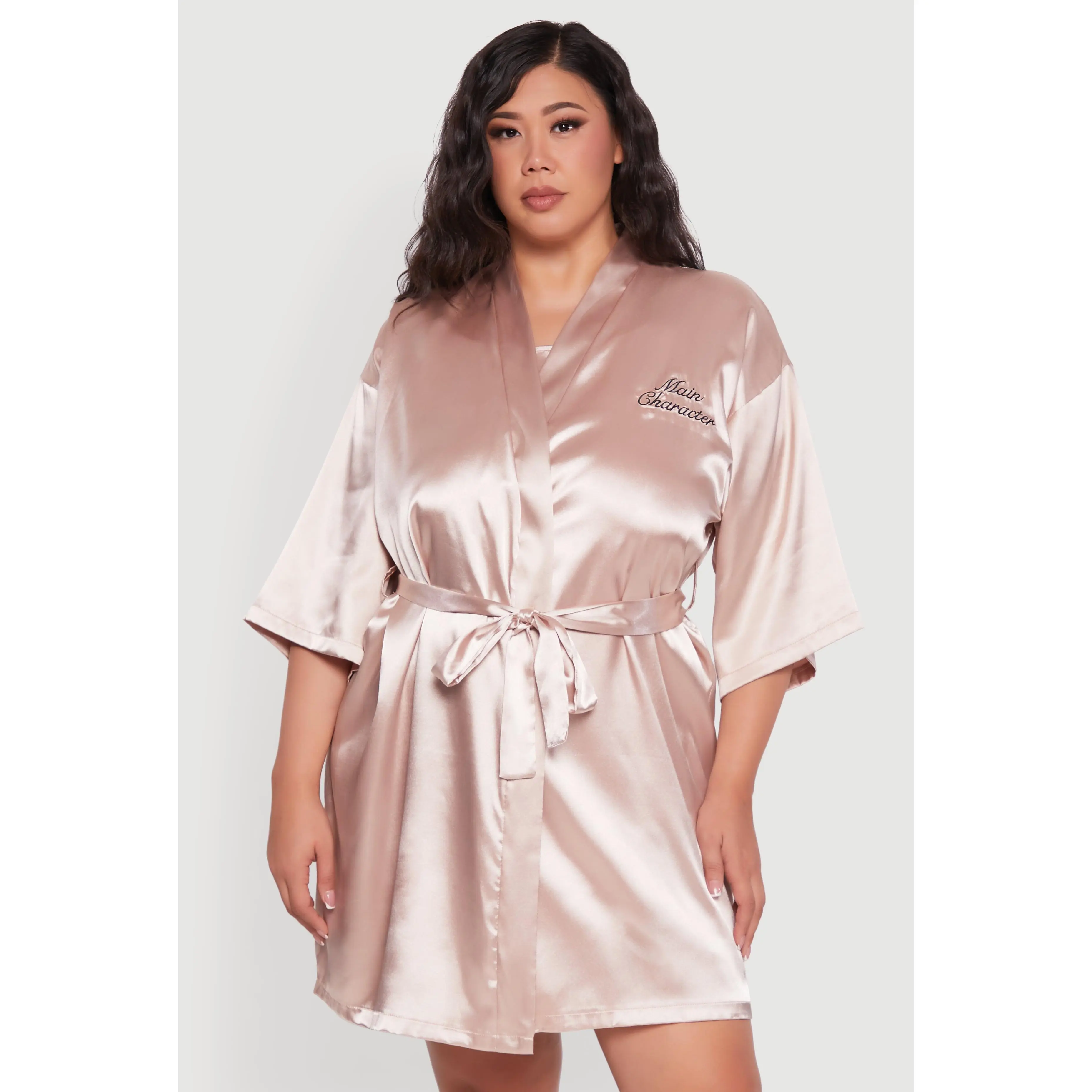 Plus Size Main Character Embroidered Robe and Cami Nightgown