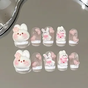 10 Pcs Cute Bunny Heart Clear French Tip Press-On Short Detachable False Nails, Perfect Gift for Women and Girls