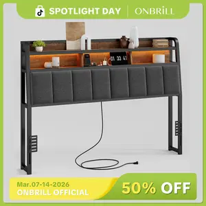 【SPOTLIGHT DAY】ONBRILL Queen/King Size Headboard with 2-Tier Storage, Uphlstered Headboard with LED Light & USB Ports,【HeadBoardOnly】, Height Adjustable, Sturdy and Stable