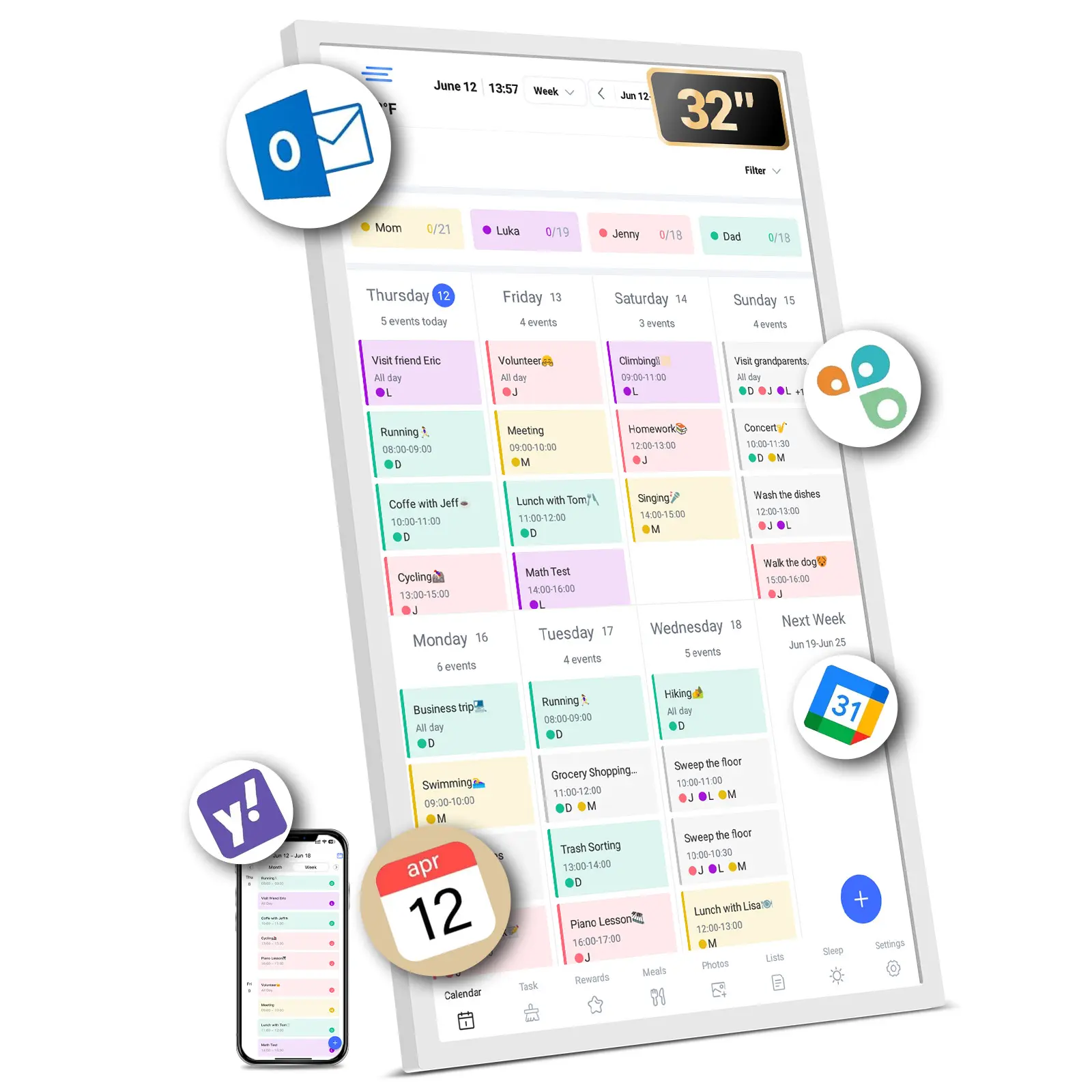 BSIMB 32 Inch Digital Calendar Chore Chart, Electronic Calendar Smart Family Planner 1080P FHD Touchscreen Interactive Display Wall & Desk Mount Seamless Scheduling White