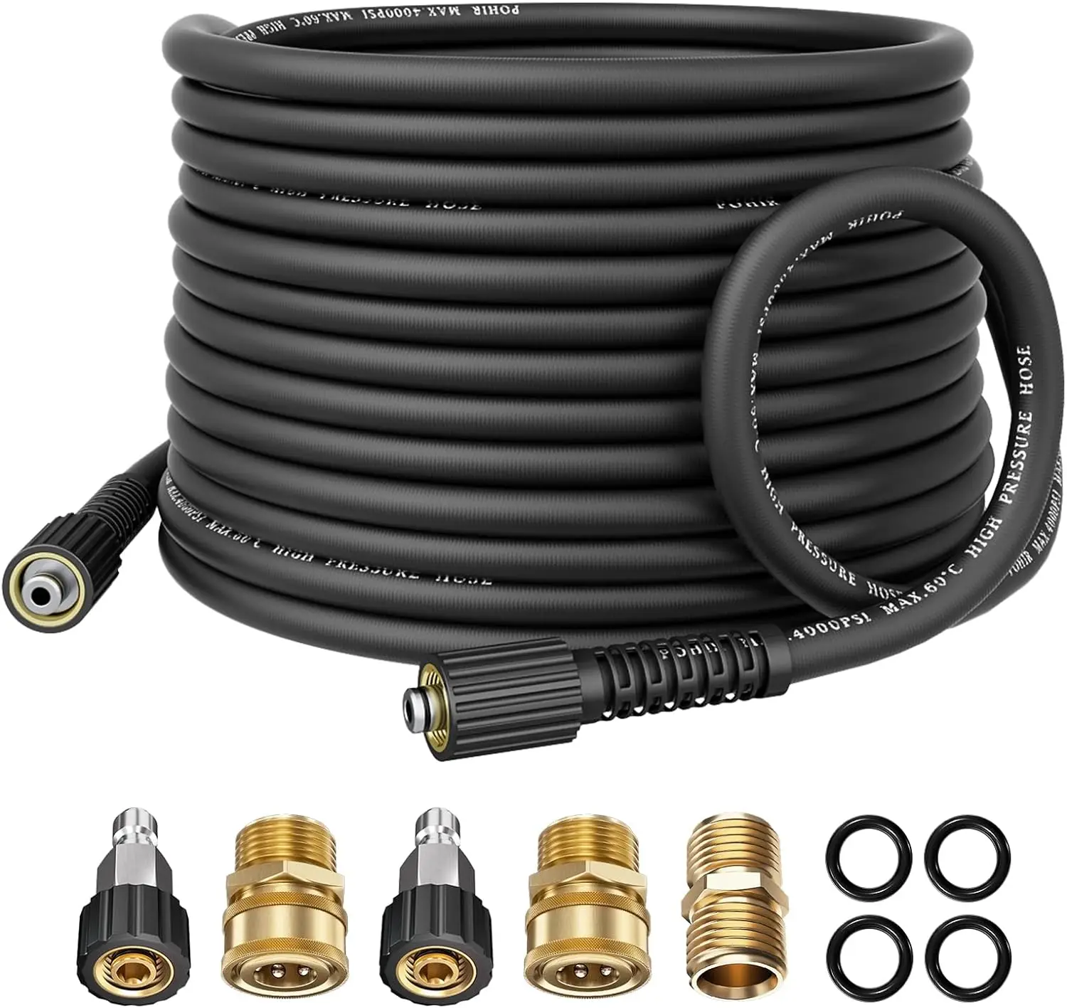 POHIR Pressure Washer Hose 50 FT x 1/4" - Replacement Power Wash Hose with Quick Connect Kits - High Pressure Hose with M22 14mm Fittings - 3600PSI Ru