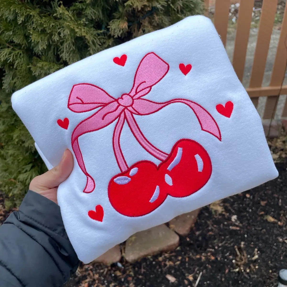 Embroidery Cherry Bow Crewneck Sweater