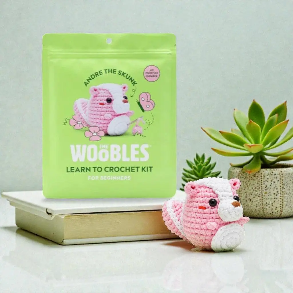 The Woobles Beginner Crochet Kit Andre the Skunk Easy Peasy Yarn No-Fray Learning Magic Start Lefty-Friendly Confidence in Every Stitch Super Cute Finished Size 4 Inches Tall
