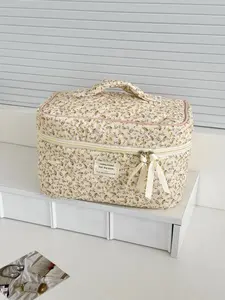 Vintage Women Floral Print Cosmetic Pouch Handbag Travel Orgainzer Make Up Storage Bag Large Capacity Quilted Bag For Gift Vintage Vanity Bag