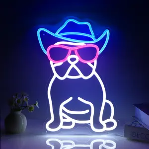 Serbasic Cowboy French Bulldog Neon Sign Neon Light Dimmable with ON/OFF Switch for Wall Decor Living Room Hotel Bar Club Beach Cafe Wedding Birthday Party Gifts Gaming Room Artwork Bedroom Home Decor