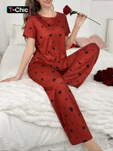 Valentine's Day Women's Home Set Loungewear, Romantic Heart and Cute Cartoon Bear Pattern Two-Piece Pajamas, Short Sleeve T-Shirt and Elastic Waist Pants, pjs