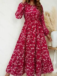 A women's floral round-neck, long-sleeved, fitted dress with a waistline and an A-line silhouette, ideal for slimming and versatile for a vacation or date outfit.