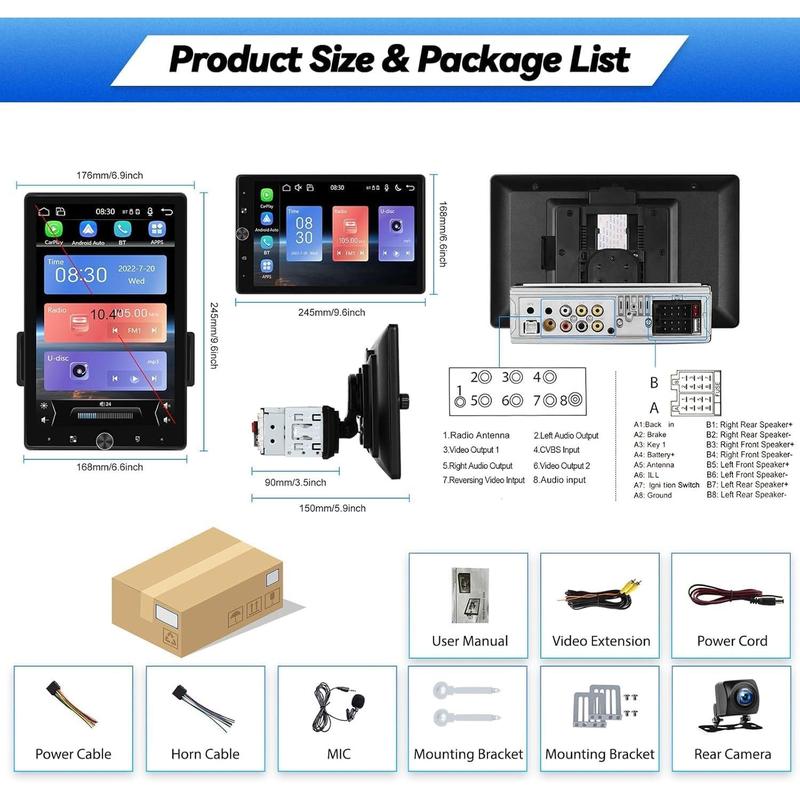 Single Din Car Stereo 10.4 inch Touchscreen 180°Rotate Vertical/Horizontal Screen Bluetooth Audio with Wireless CarPlay&Android Auto Mirror Link FM Radio USB EQ+ Backup Camera & MIC