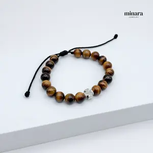 Tiger Eye Bead Bracelet 8mm with Black Thread and Silver Cross 950 for Everyday Wear or Special Occasions