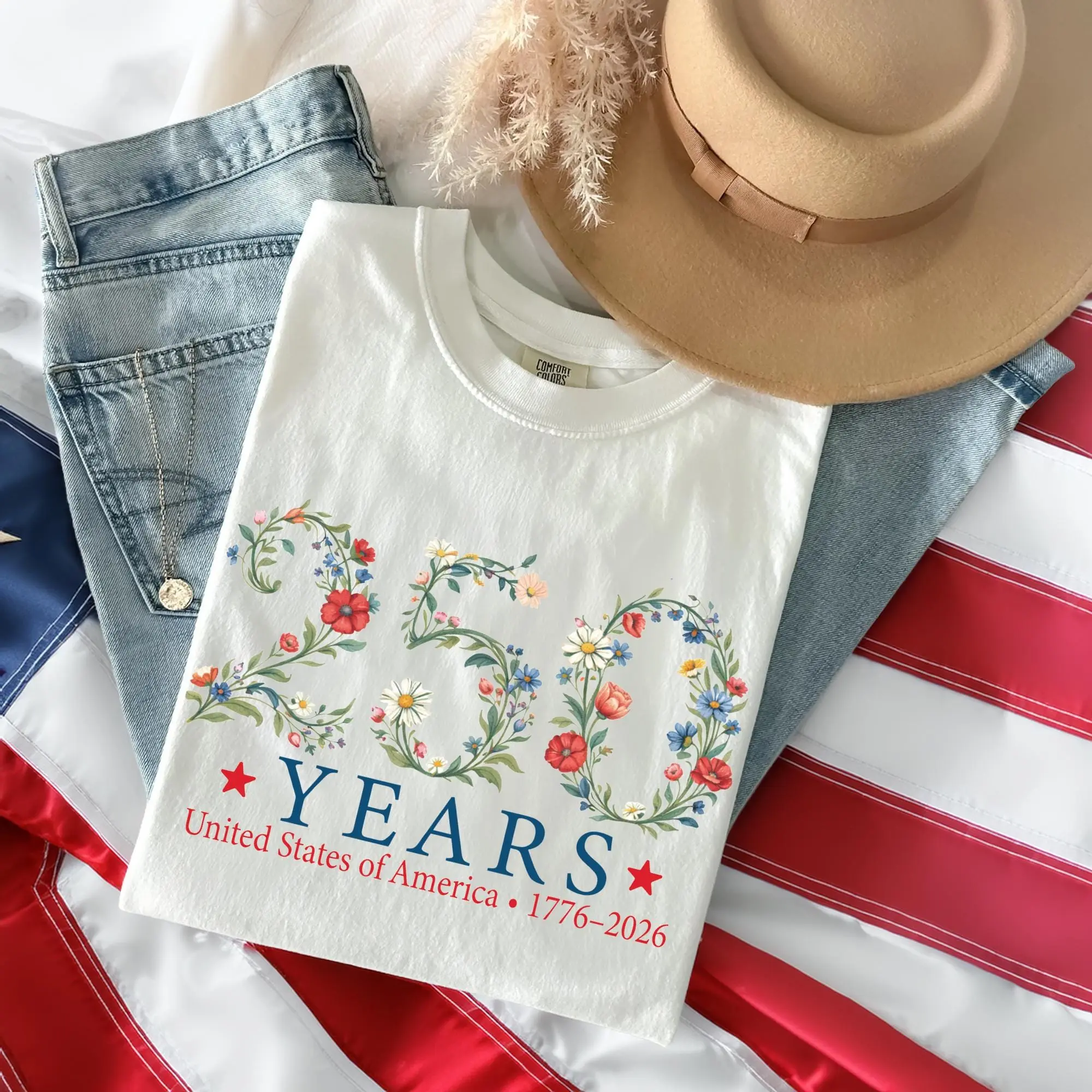America 250th Anniversary Shirt | Comfort Colors Blossom Pink Tee | Aesthetic Floral USA Semiquincentennial Gift | Vintage 1776-2026 Shirt