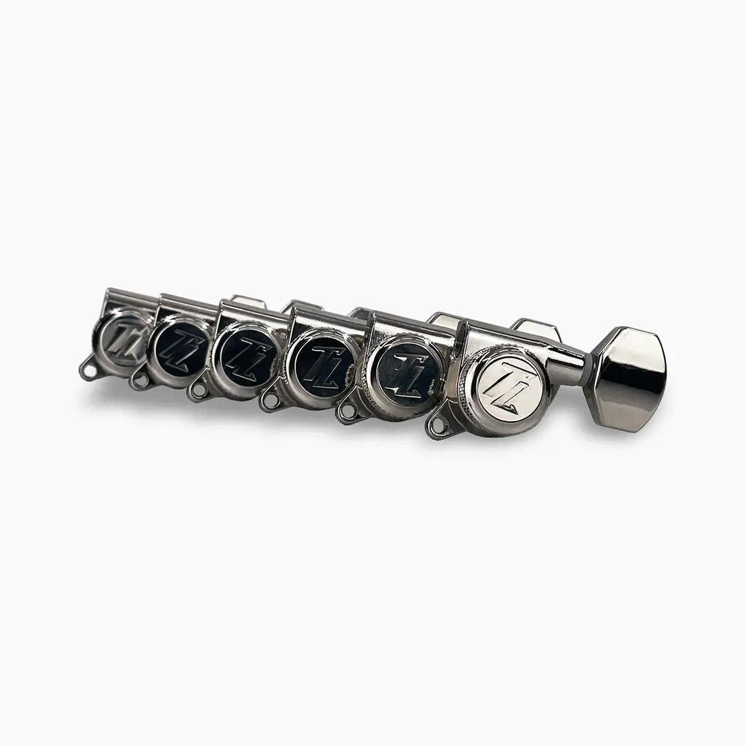 Allparts Top Lock Modern 6-in-line Mid-Size Locking Tuning Keys with Screw-In Bushings, Staggered Posts and Metal Hex Buttons - (set of 6)
