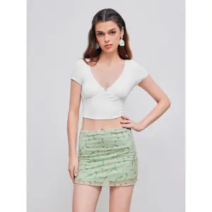 Cider [size 0-10] V-neck Solid Bowknot Crop Top & Mesh High Rise Floral Lettuce Trim Mini Skirt Set